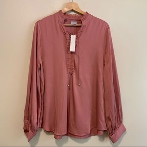 Chicos Ruffle Tie Neck Pullover Sandwash Satin Blouse Burnished Rose